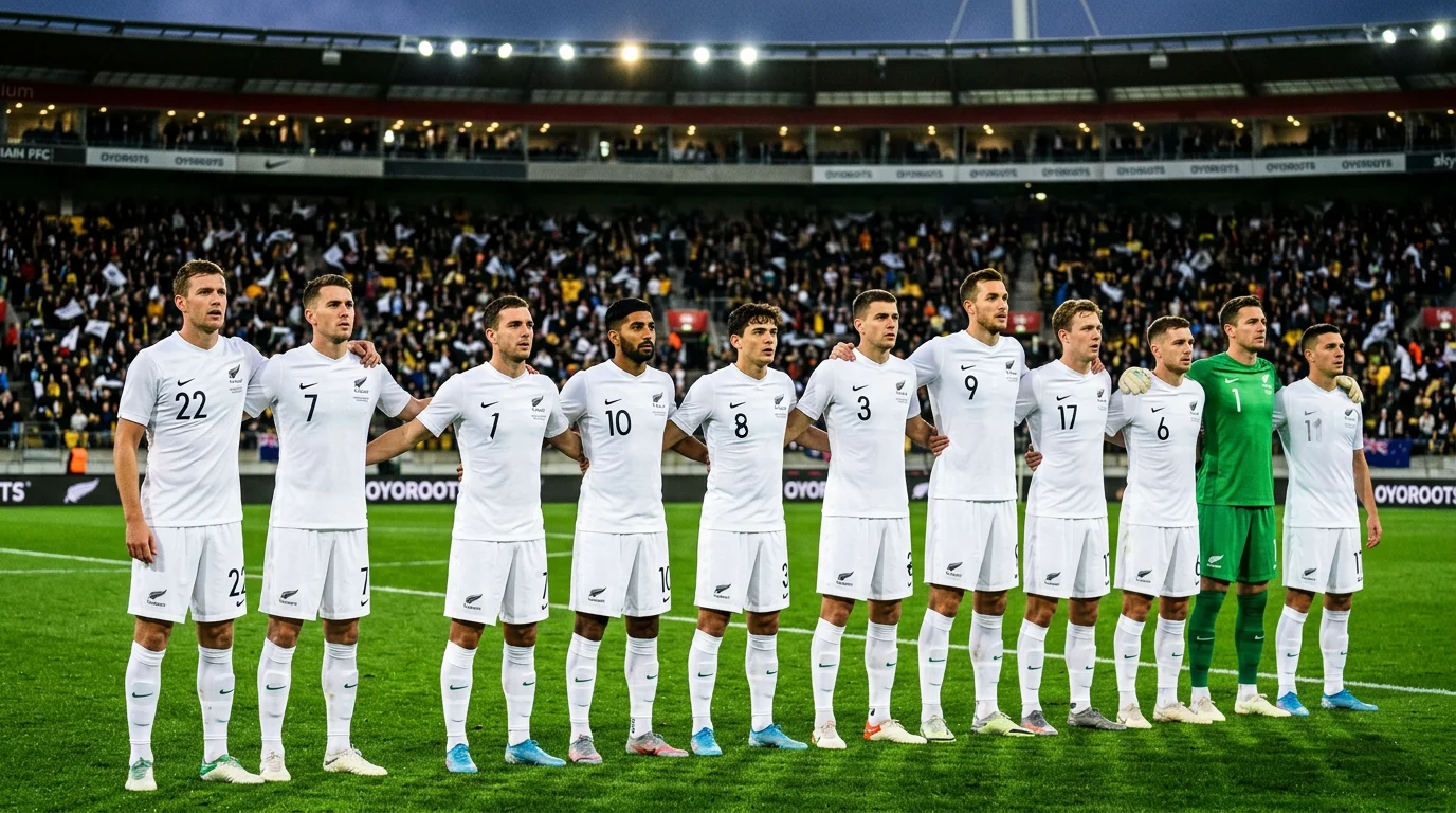 New Zealand All Whites national football team players lined up before an international match wearing white jerseys