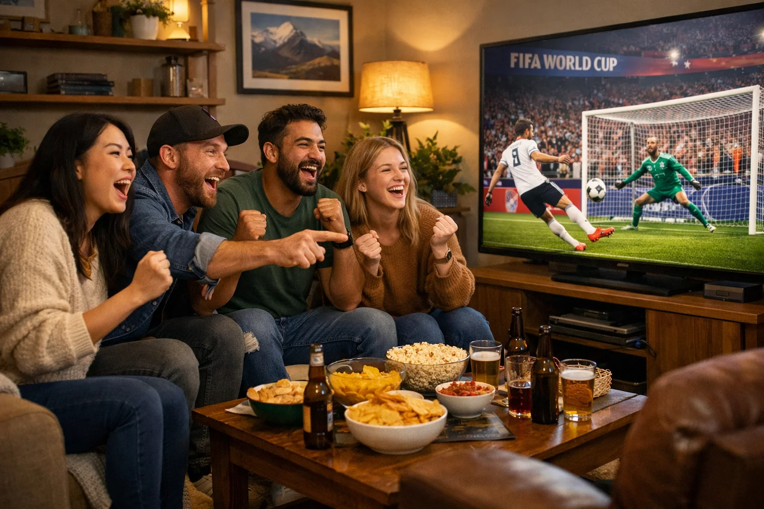 Football fan watching a World Cup match on screen with friends in New Zealand