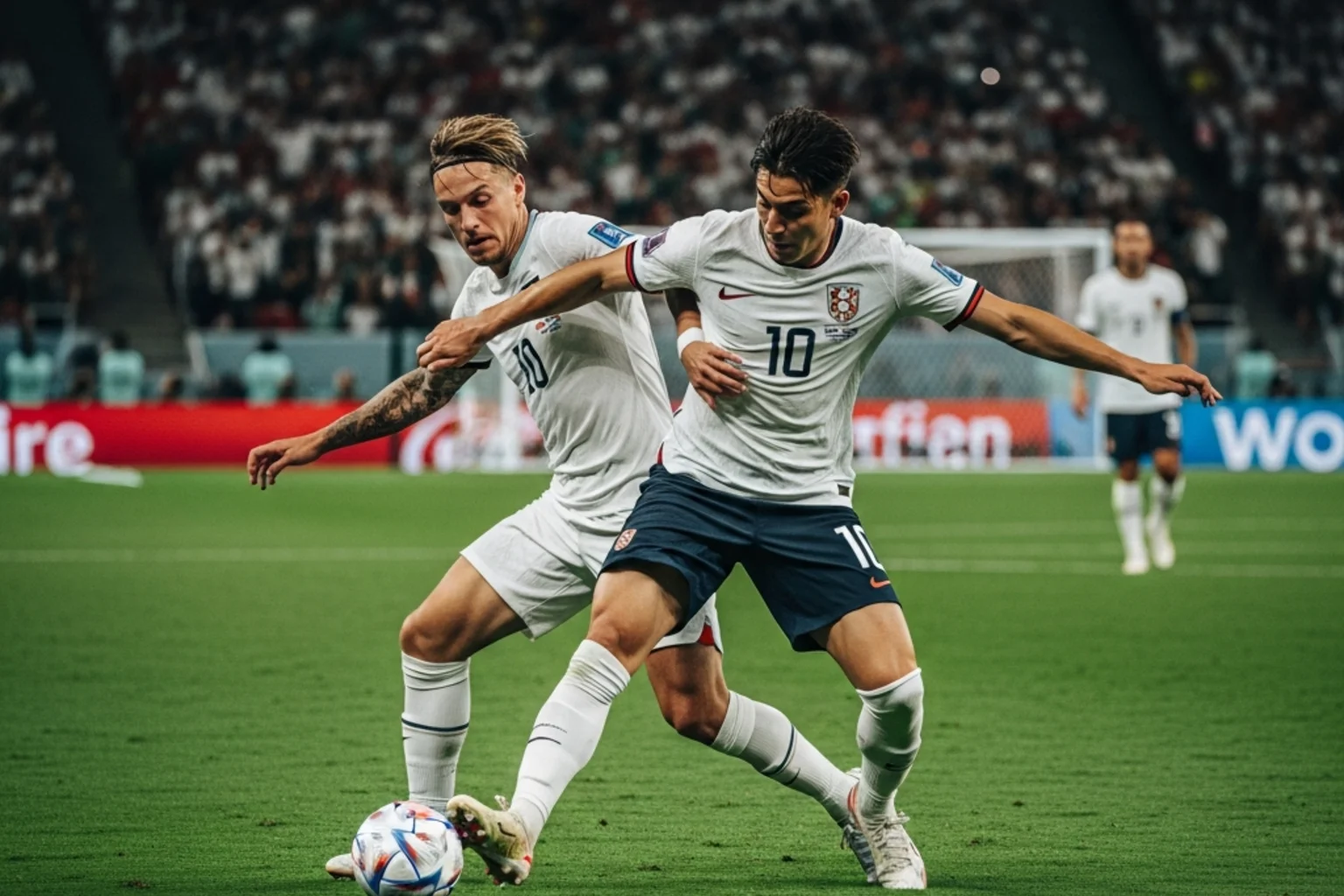 Professional football match action with players competing for the ball on a green pitch during World Cup game