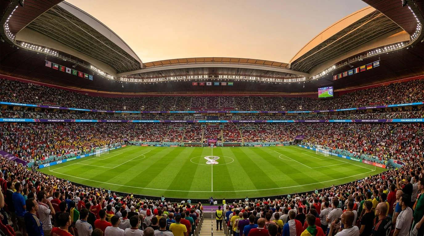 FIFA World Cup 2026 stadium with green pitch under evening lights in North America