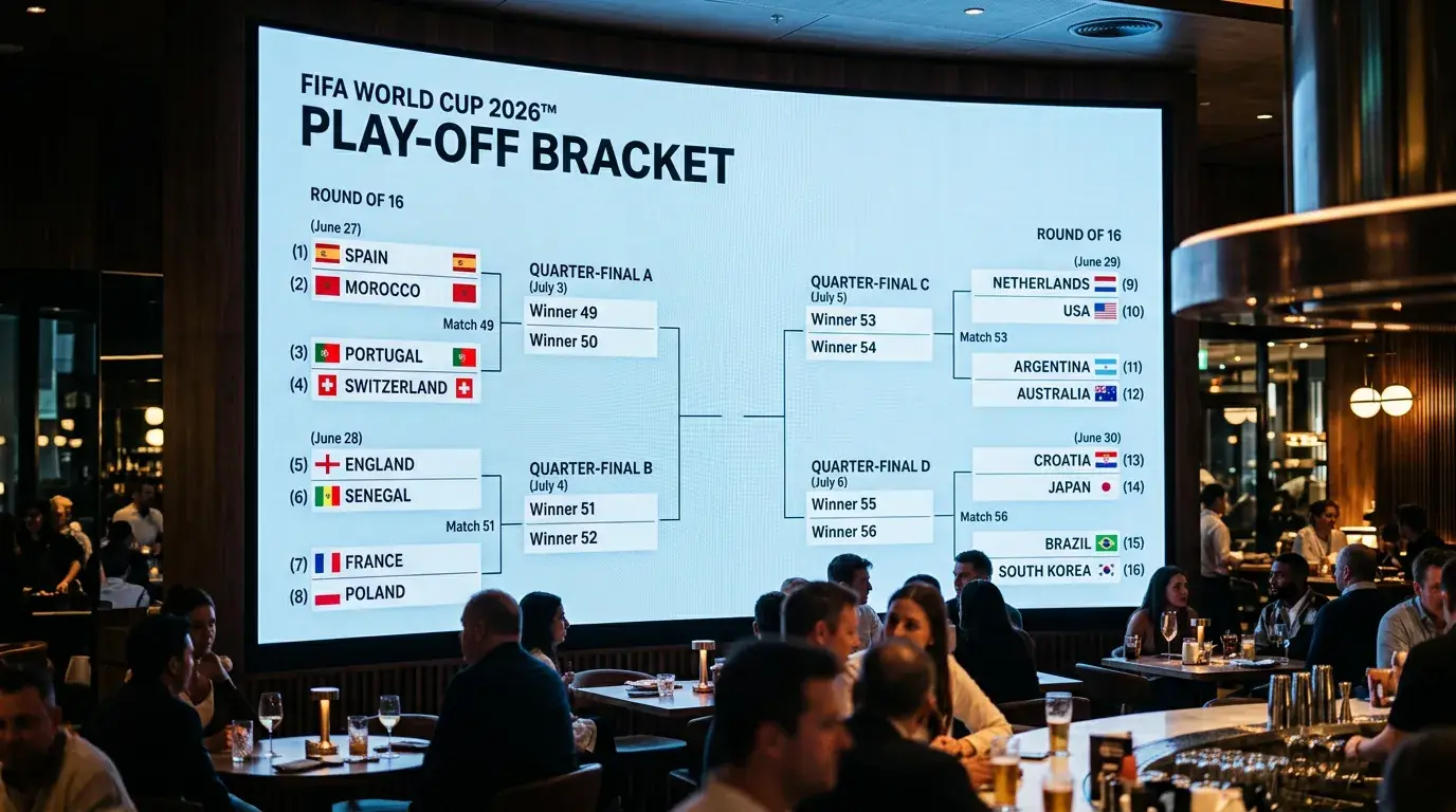 World Cup 2026 Round of 16 bracket diagram showing all eight matchups and quarter-final feed
