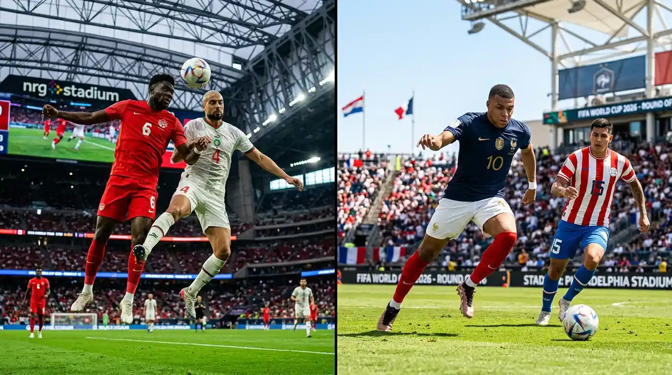 Two World Cup Round of 16 matches scheduled for 4 July shown on a stadium scoreboard