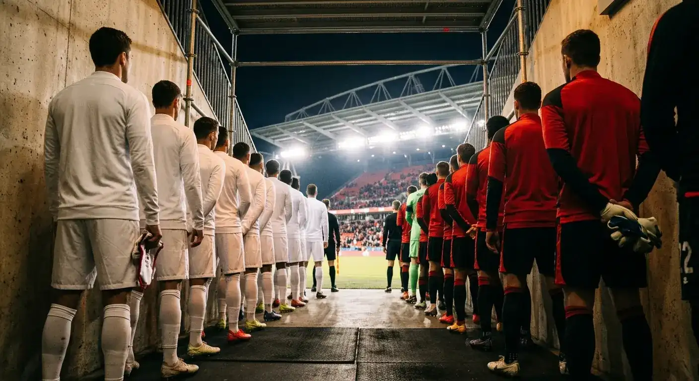 All Whites and Belgium national-team players walking out before a World Cup group-stage match in a covered Canadian stadium