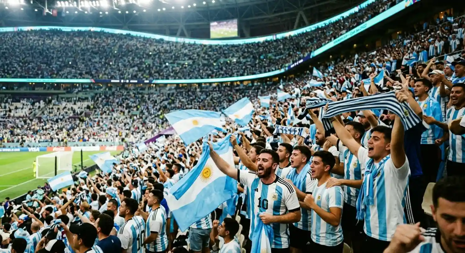 Argentina supporters in a packed stadium during a World Cup knockout match