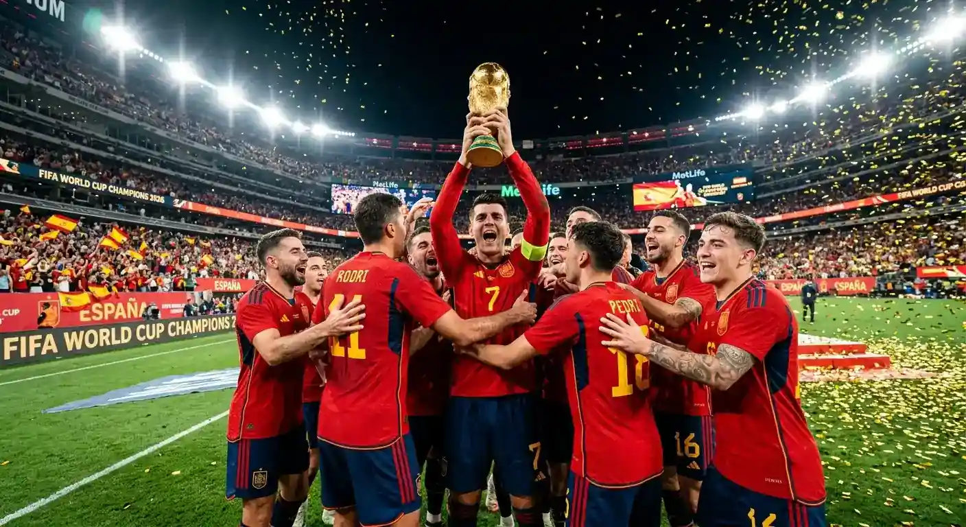 Spain players celebrating with the World Cup trophy under confetti at MetLife Stadium