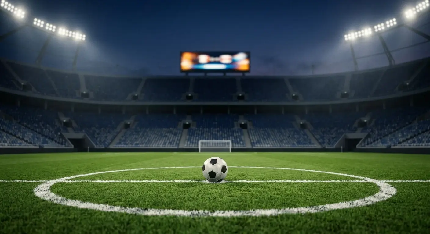A football resting on the centre spot of a brightly lit World Cup stadium pitch with empty record-style scoreboards visible