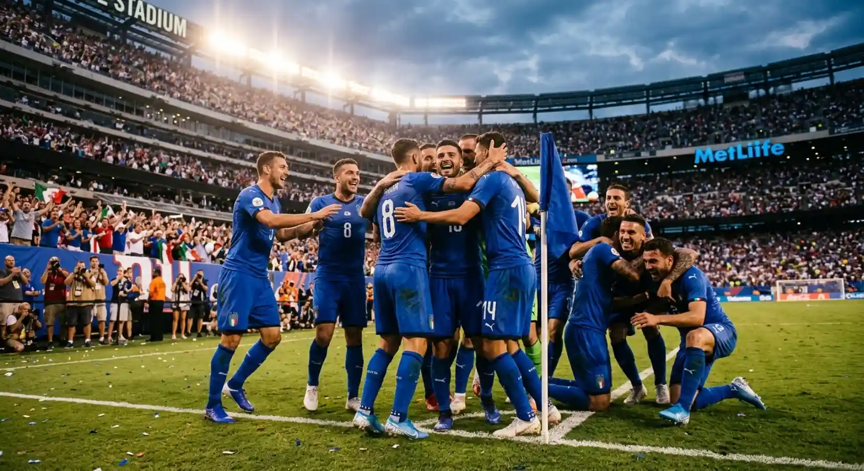 France players celebrate reaching the World Cup 2026 semi-final after beating Morocco
