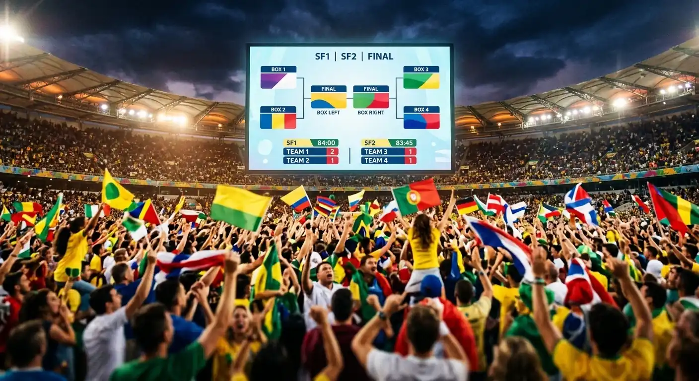 A World Cup quarter-final trophy graphic with four semi-finalist flags on a stadium screen
