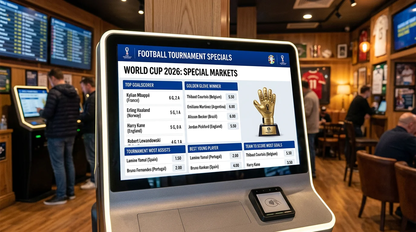 Collection of World Cup special betting markets including Golden Glove, fastest goal, and tournament specials with sample odds