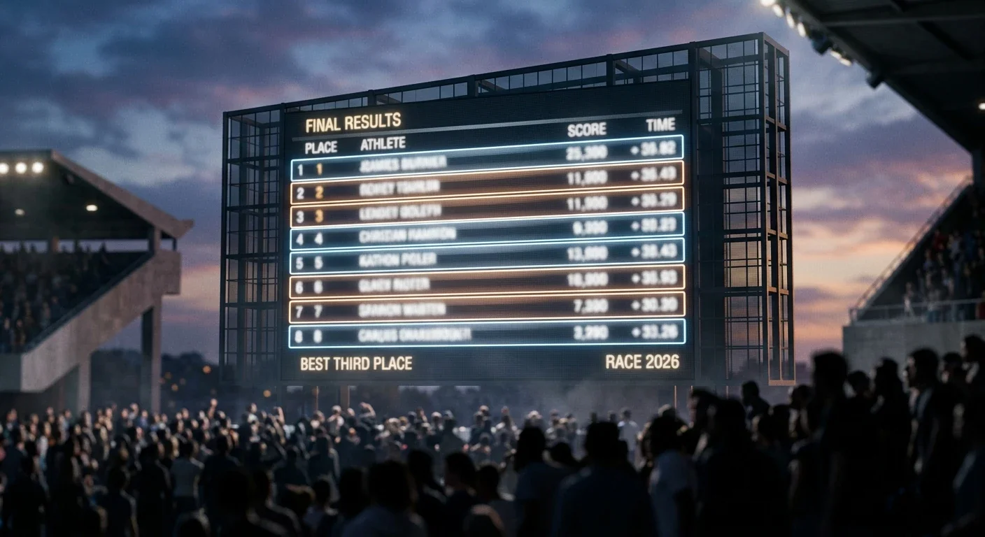 A stadium scoreboard at dusk showing eight illuminated lines for qualified third-place teams against a darker upper bracket