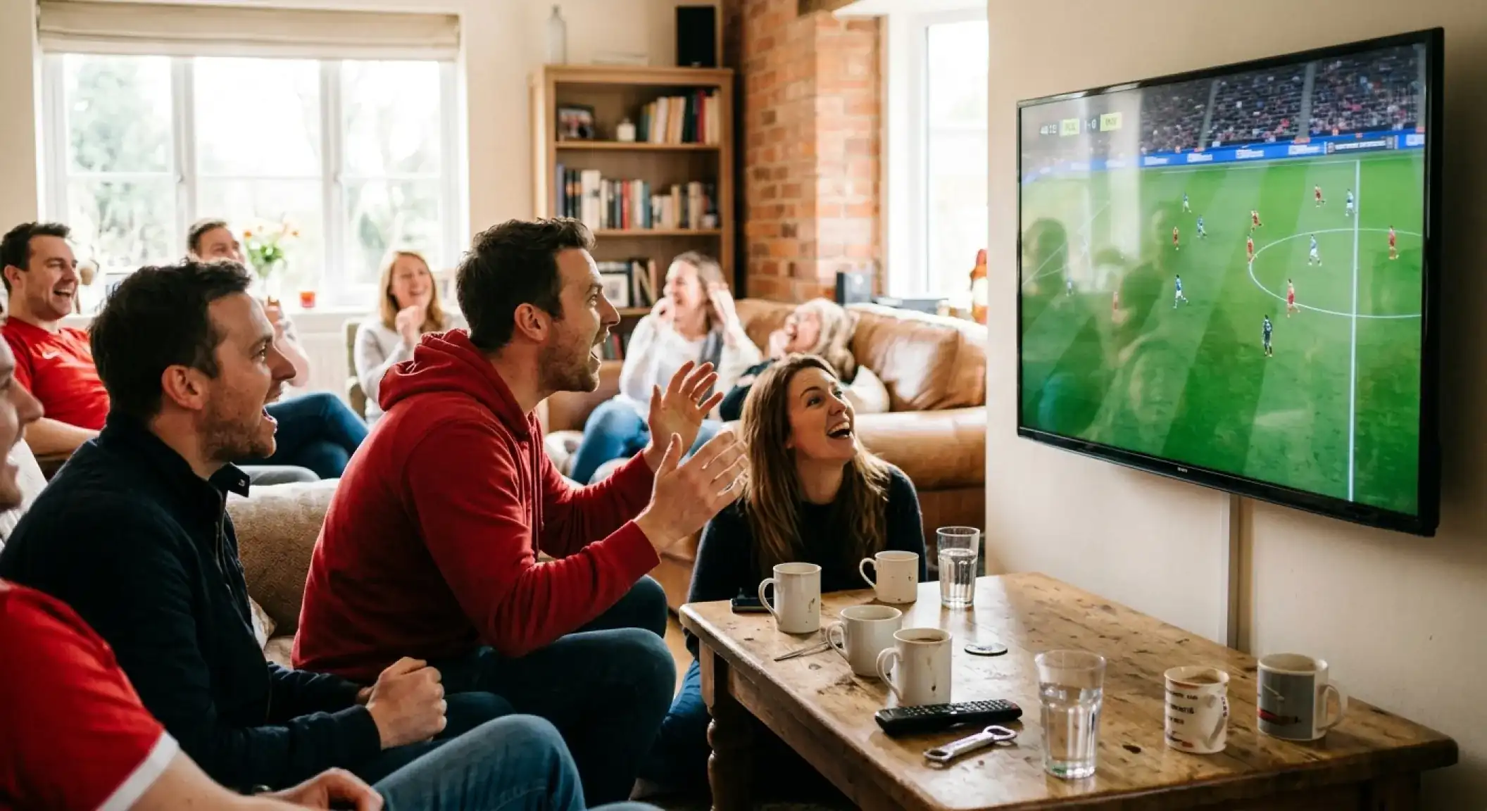 A group of football fans watching a World Cup match on a large screen in daylight