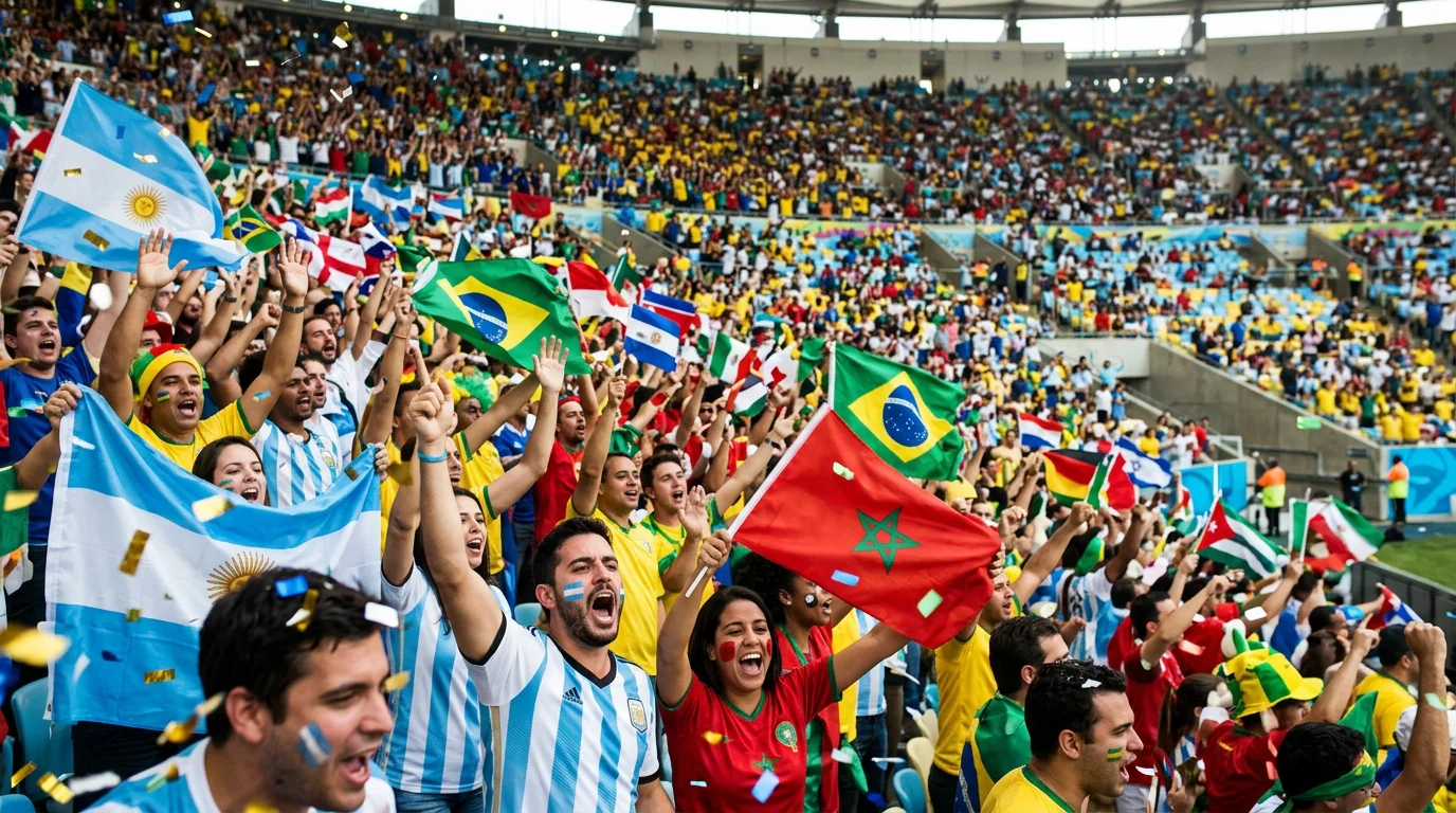 Football fans celebrating a goal at World Cup stadium with flags and excitement