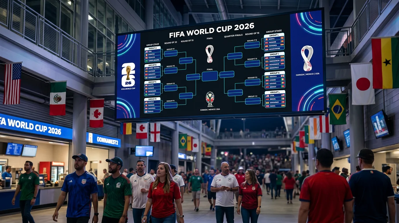FIFA World Cup 2026 tournament bracket showing 48 teams across 12 groups on display board