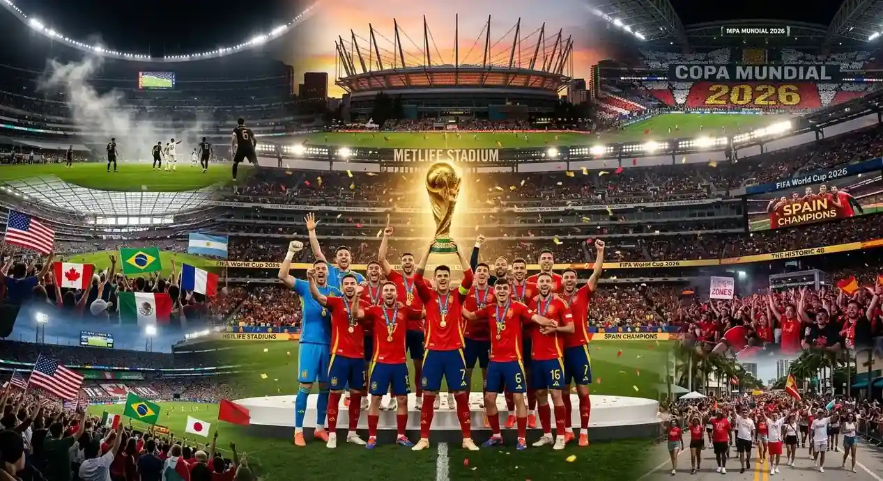 A montage showing the World Cup trophy, Spain celebrating, and iconic moments from the 2026 tournament across multiple stadiums